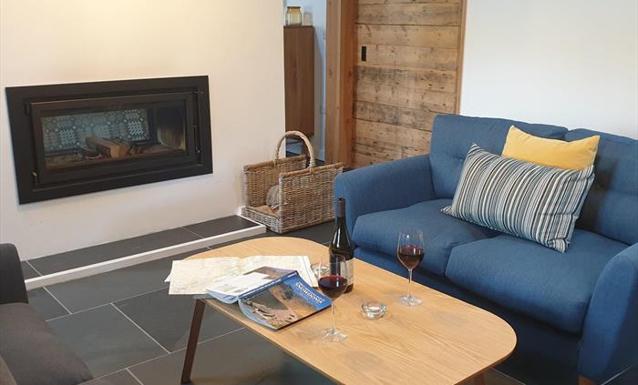 Two sofas facing each other over a coffee table with a double-sided fireplace in the background and a wooden plank door to the bathroom behind.